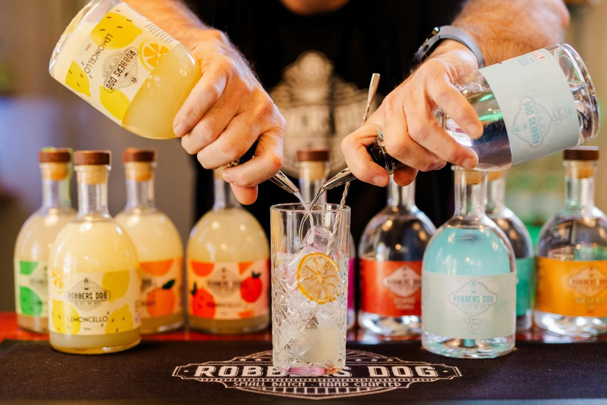 Pouring a Lemoncello Gin Fizz made with Robber's Dog RGma Gin, complete with dried lemon garnish