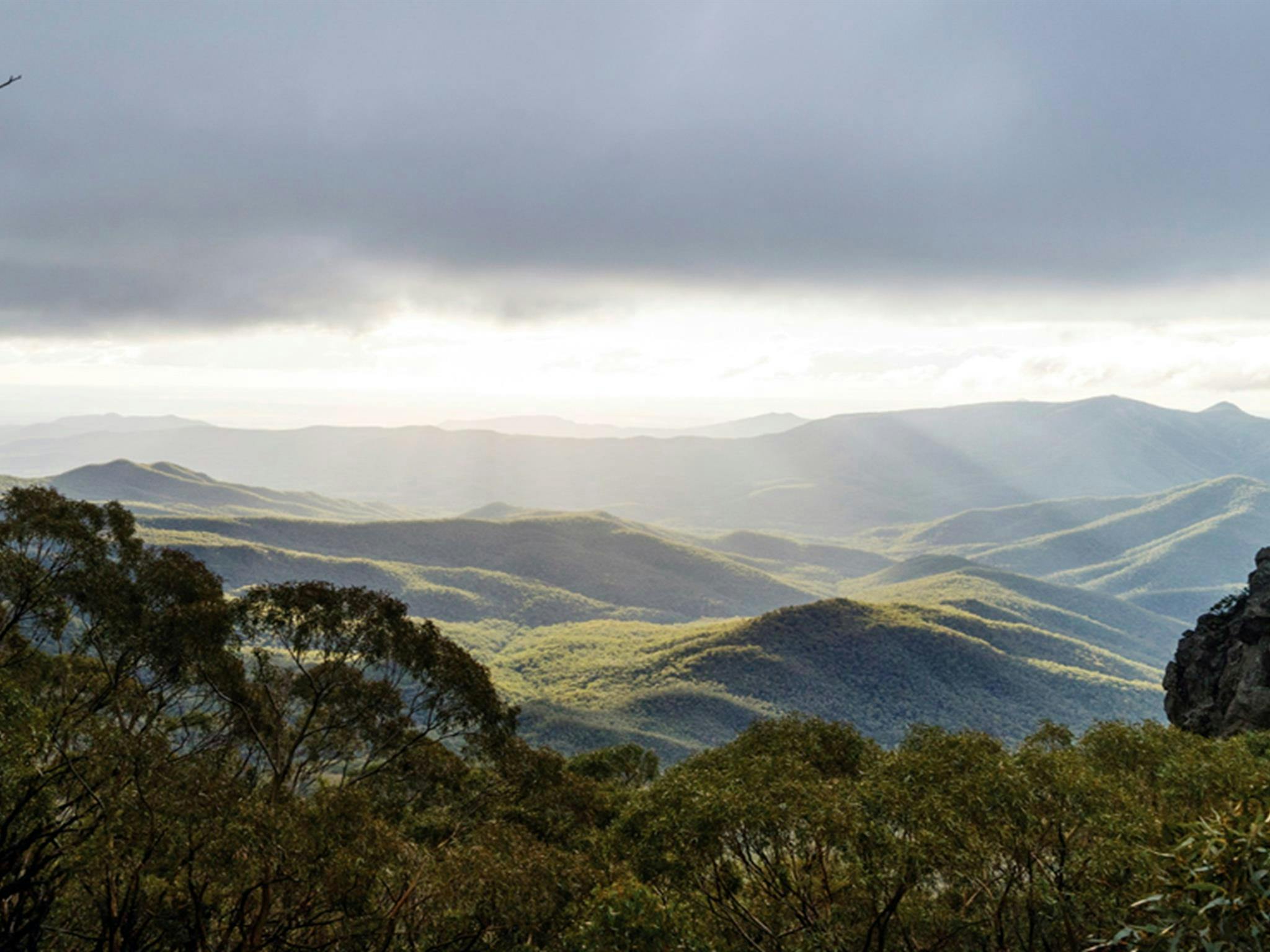 Beautiful view over hills from West Kaputar Rock lookout, Mount Kaputar National Park. Photo: Simone