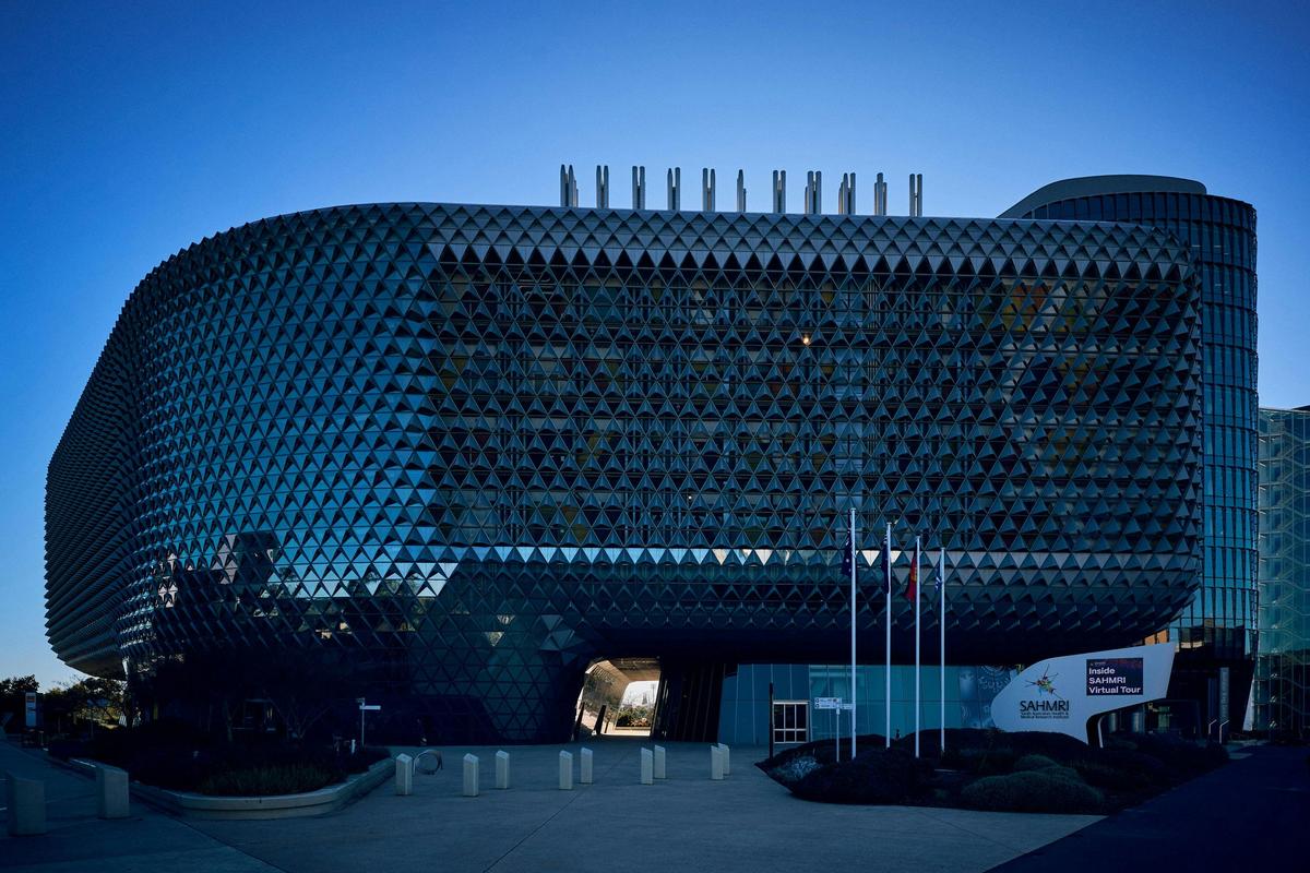 The facade of the iconic SAHMRI Building, North Tce, Adelaide