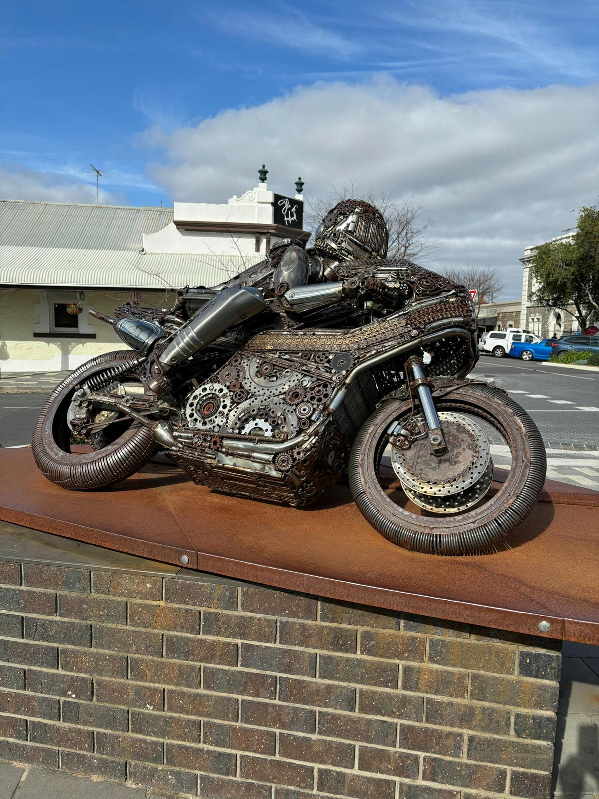 Ken Blake statue created by a local Fleurieu artist using pieces of machinery and tools.