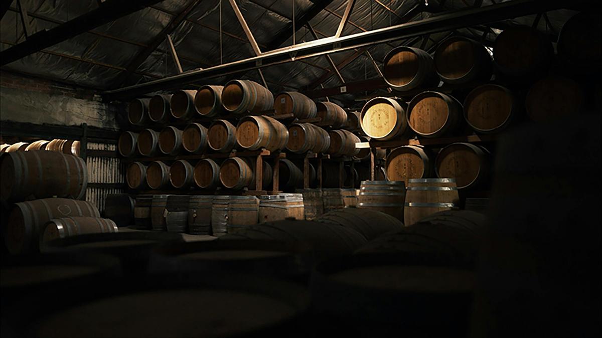 Barrels in St Agnes Distillery cellars