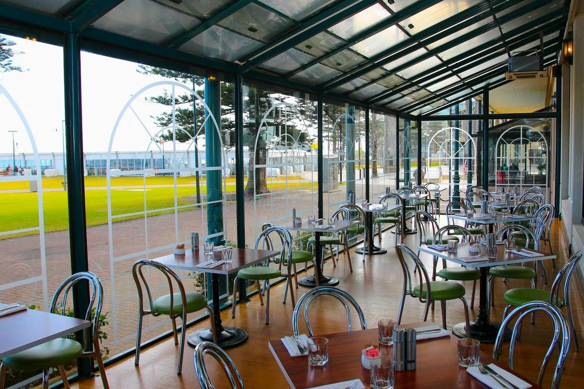 tables, chairs, beach side, beach, windows,