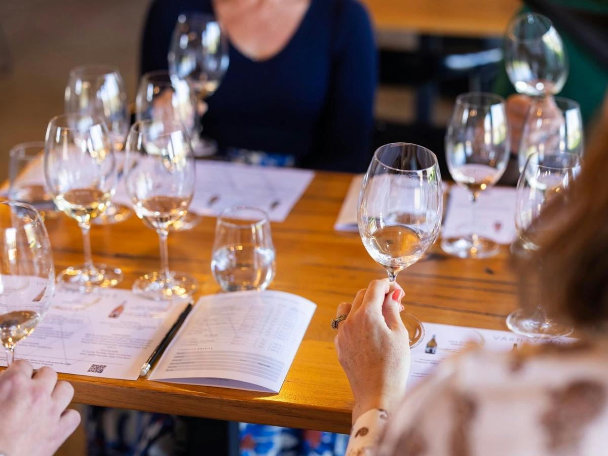 Guests enjoying a wine tasting  and looking at the tasting mats at Varney Wines in McLaren Vale