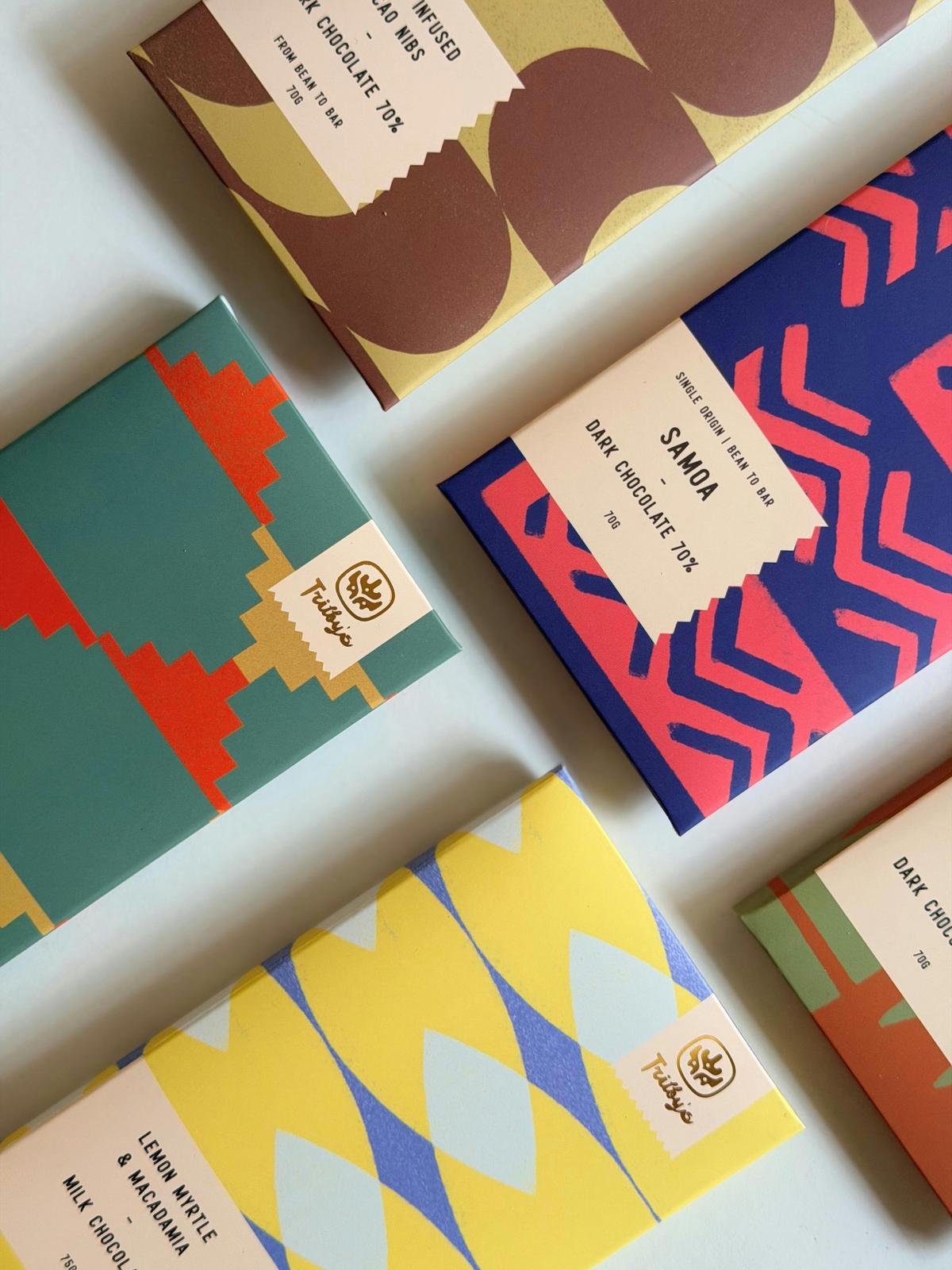 Trilby’s artisan bean-to-bar chocolates in colourful packaging, crafted in McLaren Vale.