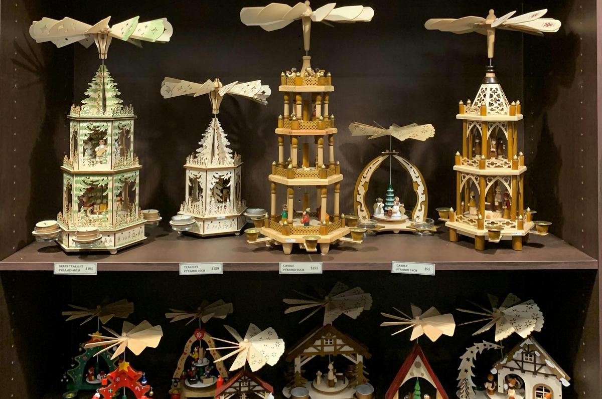Authentic German made Christmas decorations, including many different sized wooden pyramids