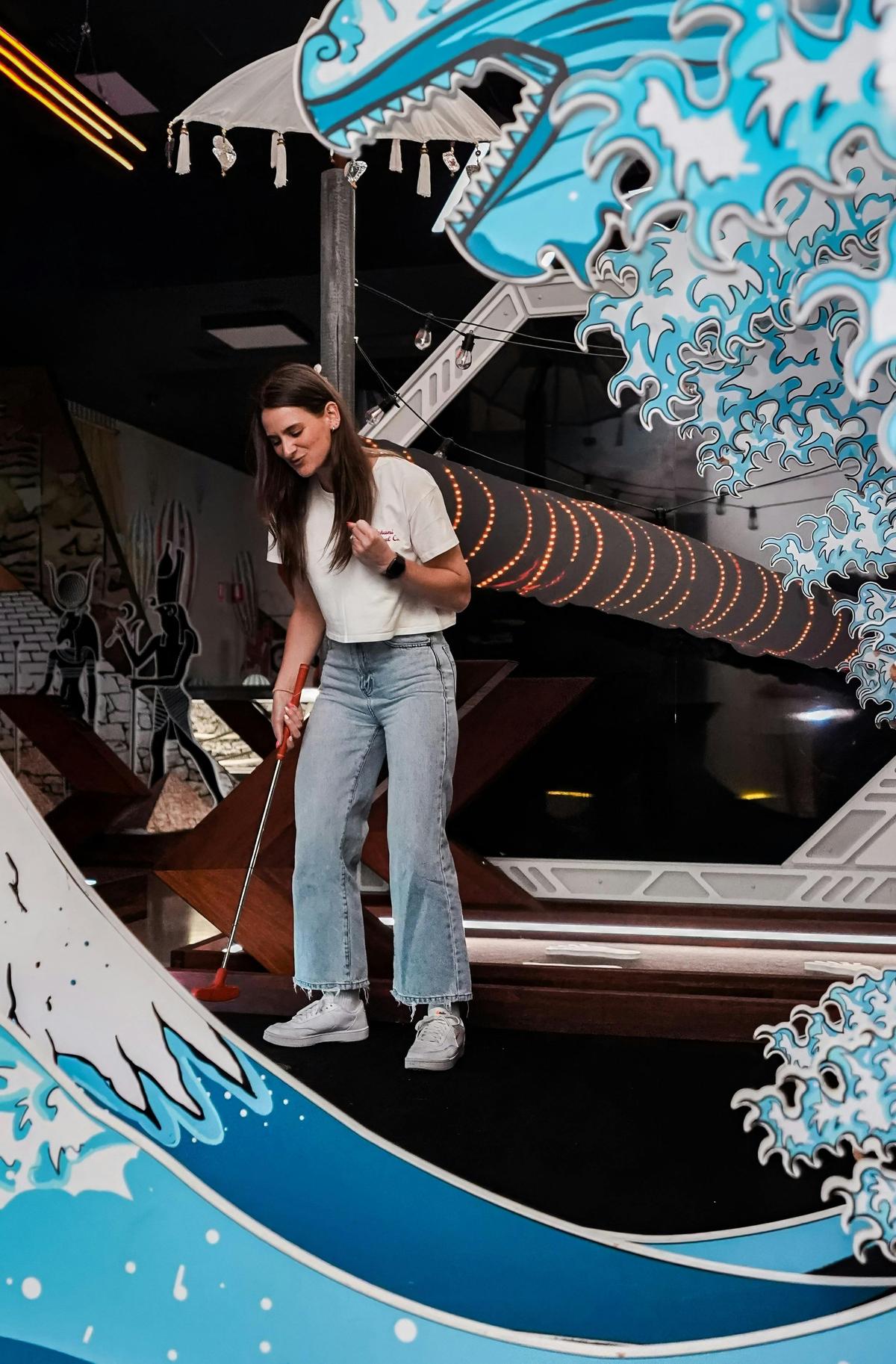 Travel the world by playing our 18 hole mini-golf course with themed holes.