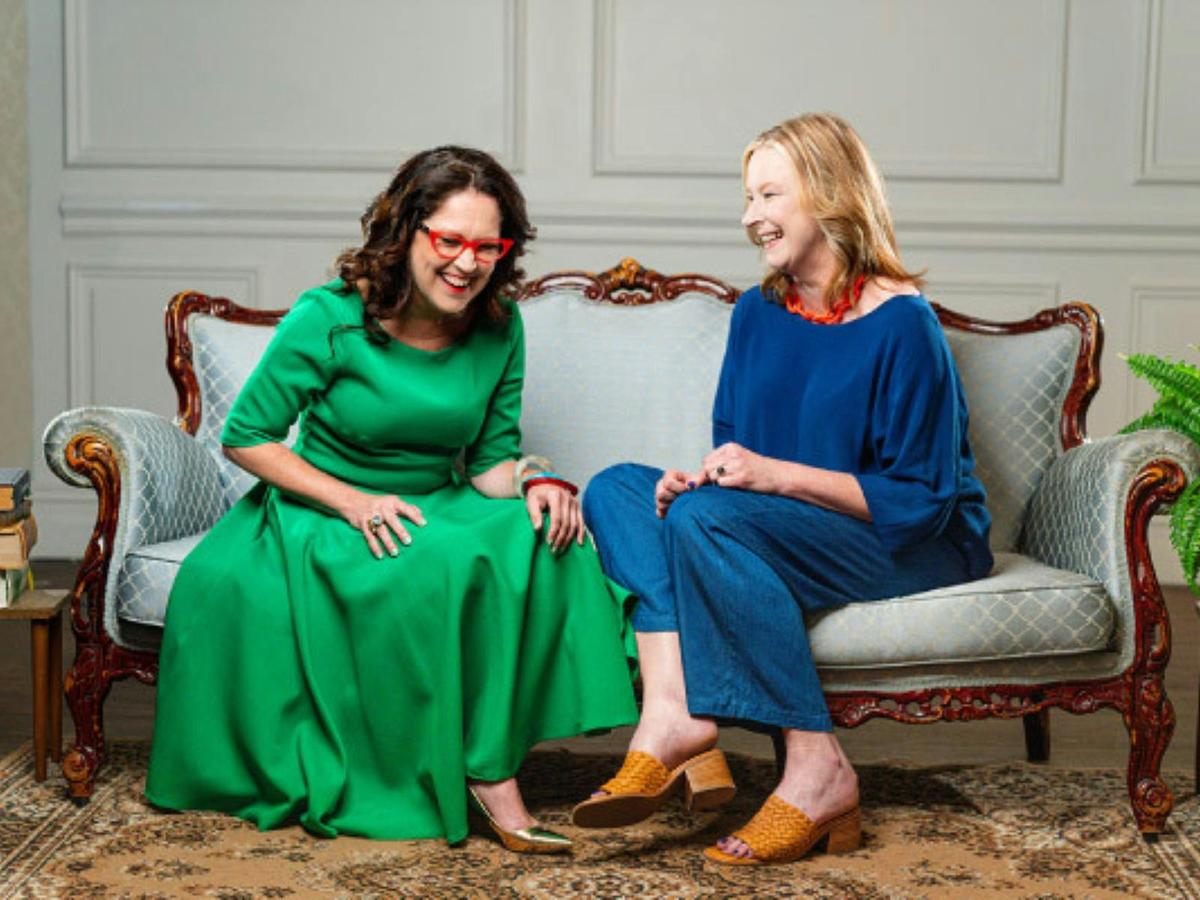 Chat 10 Looks 3 LIVE at Civic Theatre Newcastle. Image of Leigh Sales and Annabel Crabb laughing.