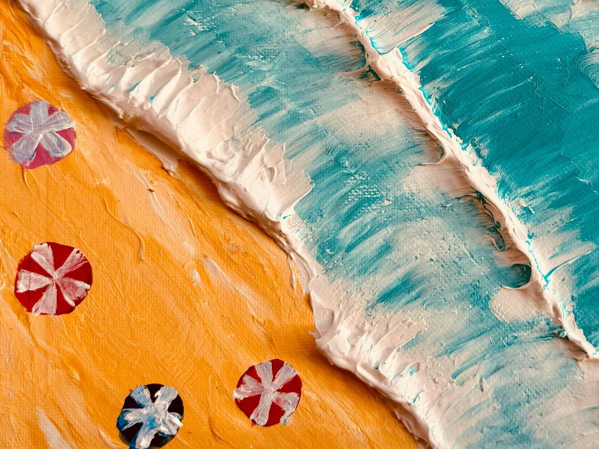 Palette knife texture on the shoreline and beach umbrellas