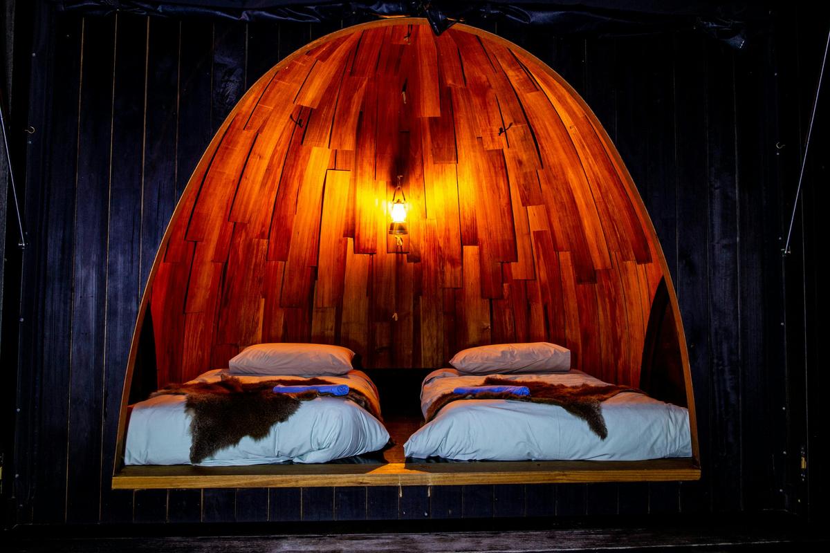 Cosy sleep shelters at krakani lumi, which means 'resting place' in palawa kani