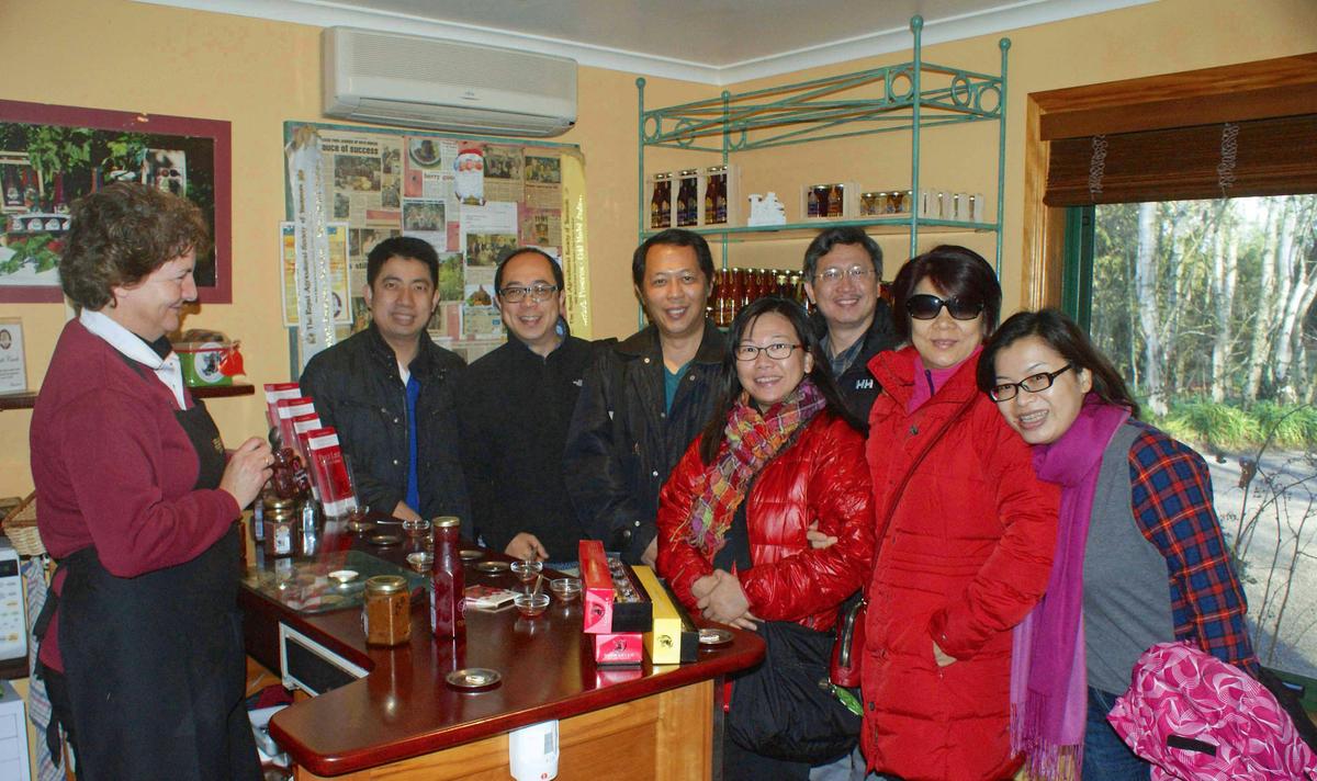 Enjoying a complimentary tasting at the Tasmanian Gourmet Sauce Company