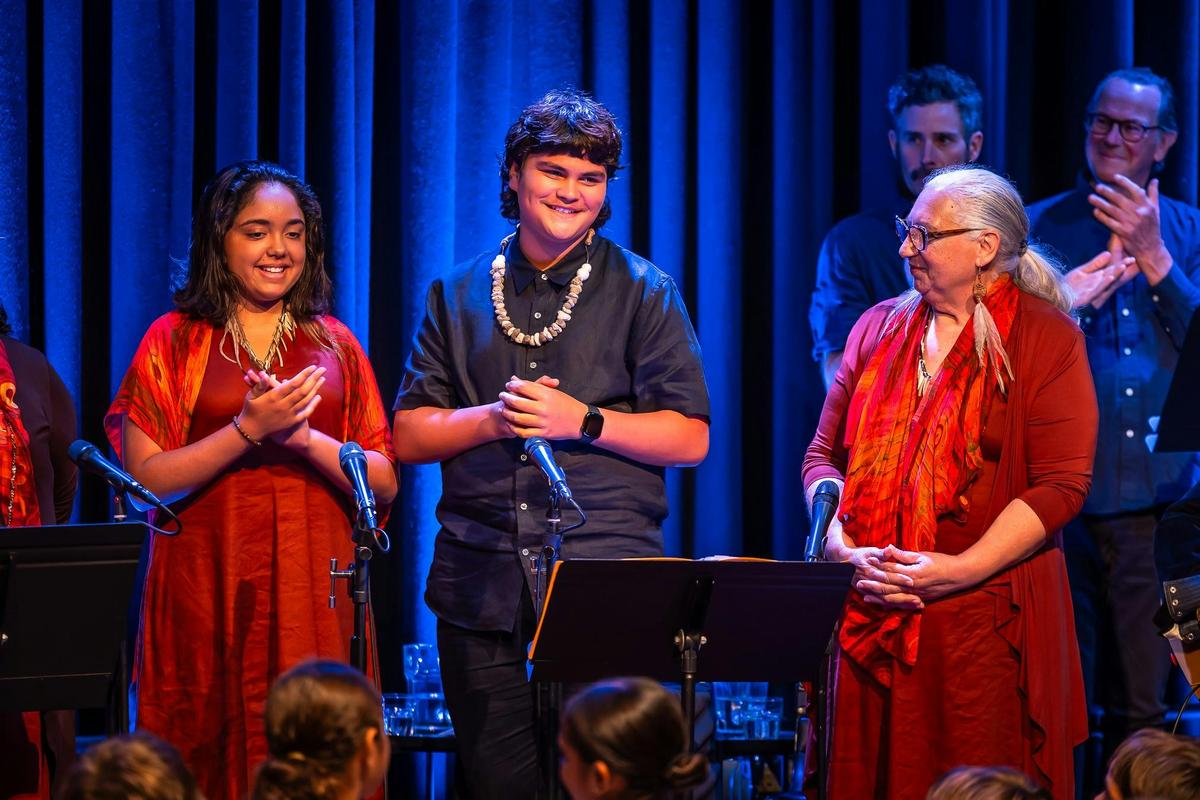 Requia Campbell, Kobi Davison and Iris White from Djinama Yilaga Choir