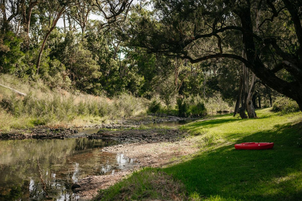 Relax beside the creek at Goomburra Getaway, surrounded by towering gum trees, lush green lawns and