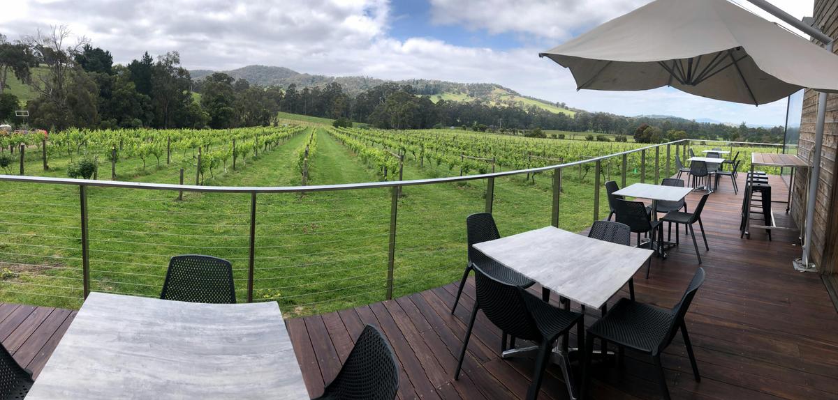 Enjoy outdoor dining on the deck with panoramic vineyard views at Steels Gate Wines in Dixons Creek.