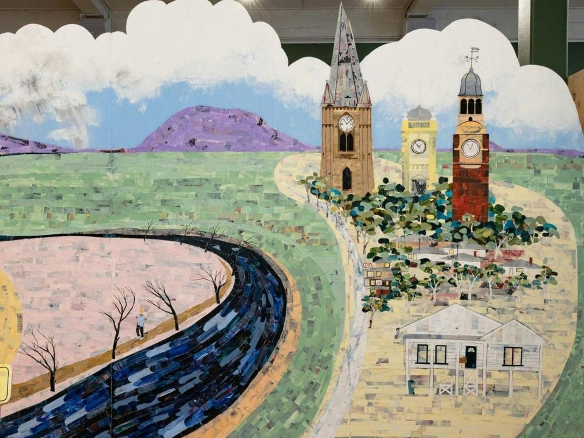 Closee up of ghostwork collage panel depicting Maitland, by Ray Monde