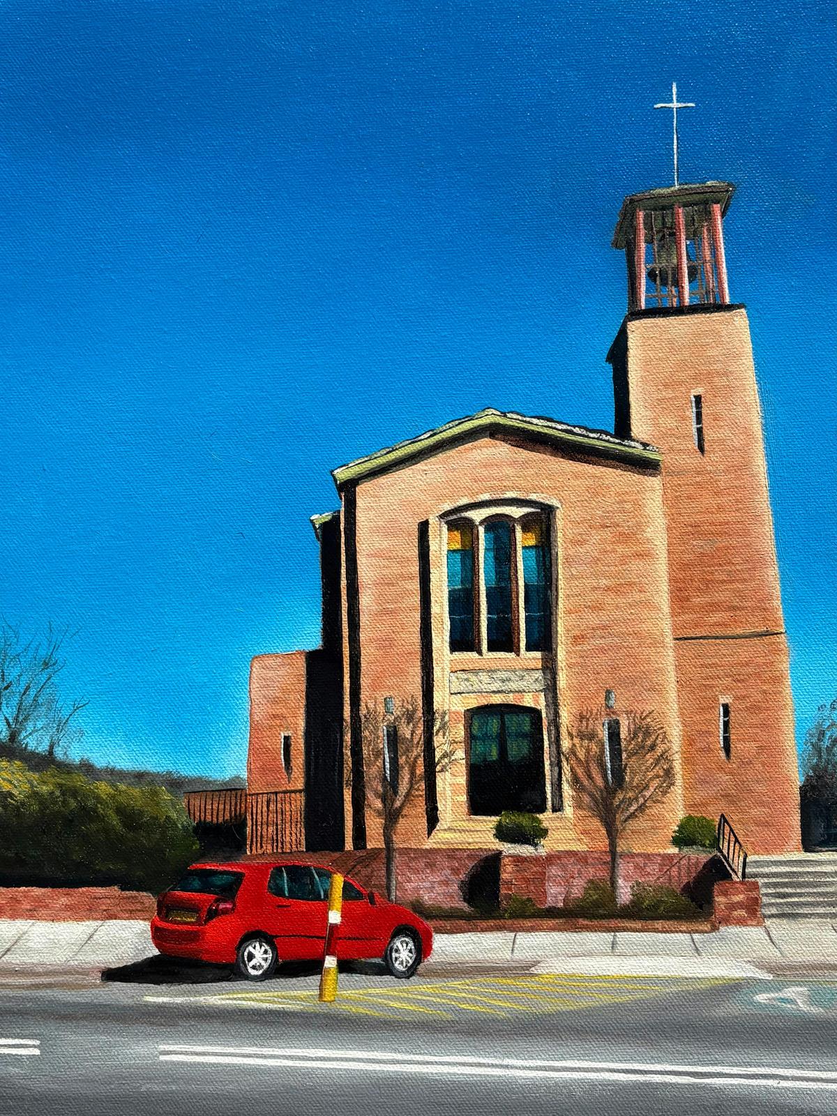 Kirsty Dixon, Saint Raphael’s Church and Red Corolla, 2026, Oil on Canvas, 30 x 40cm