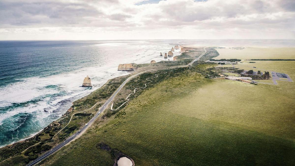 An aerial view of the Twelve Apostles Visitor Centre and coastline