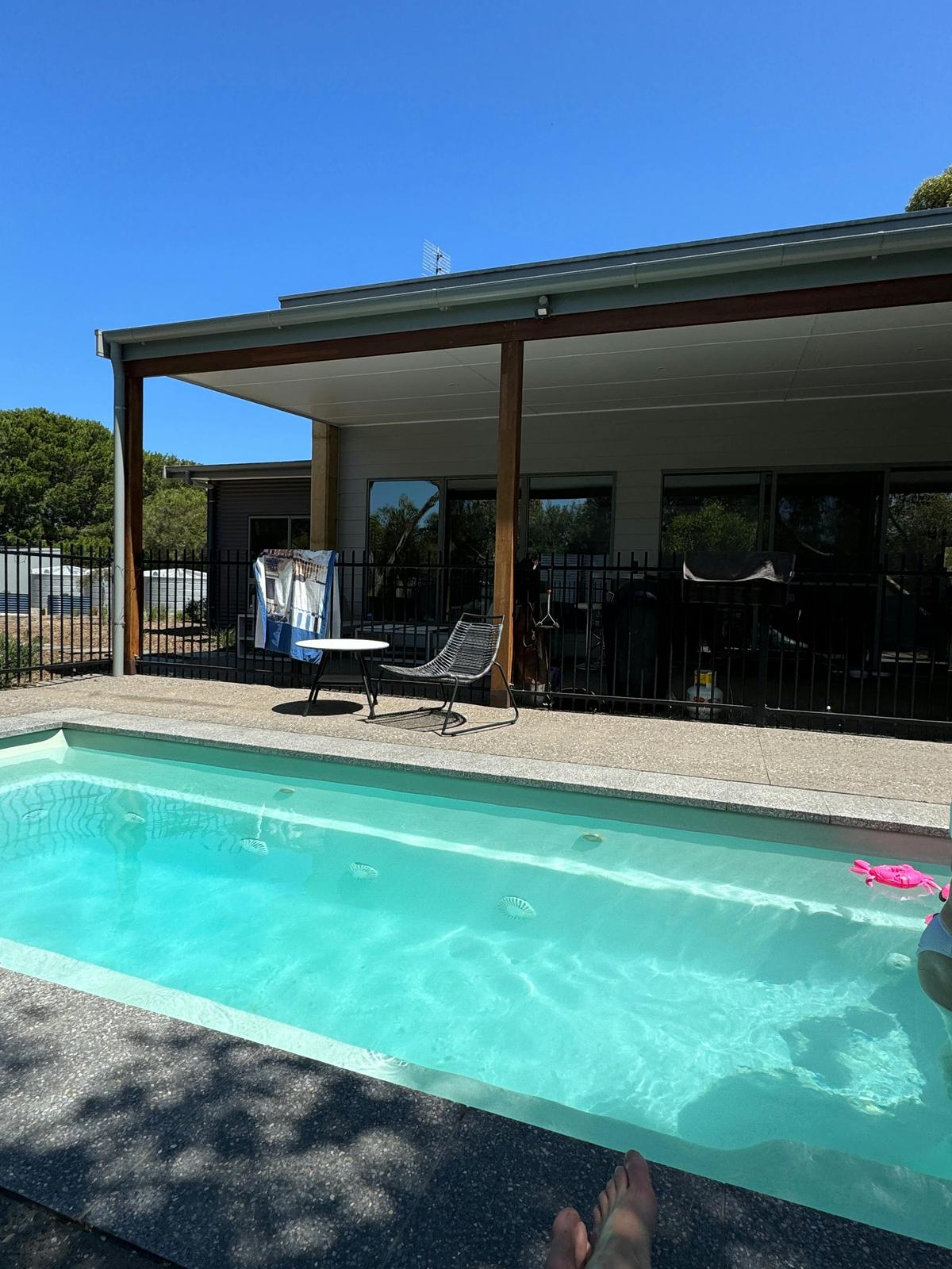 Relax and unwind in the private heated swim spa during your Goolwa stay
