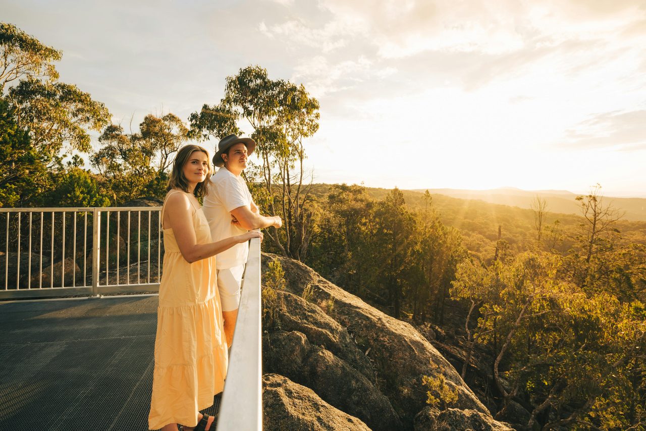 A man and a women looking out over the railing. Green grass and trees in the background.
