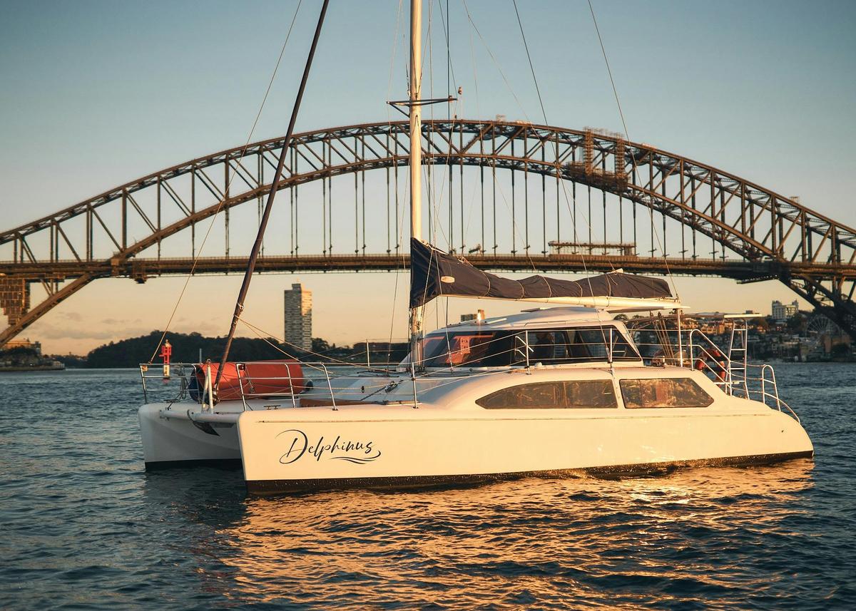 Delphinus catamaran on Sydney Harbour with Harbour Bridge views