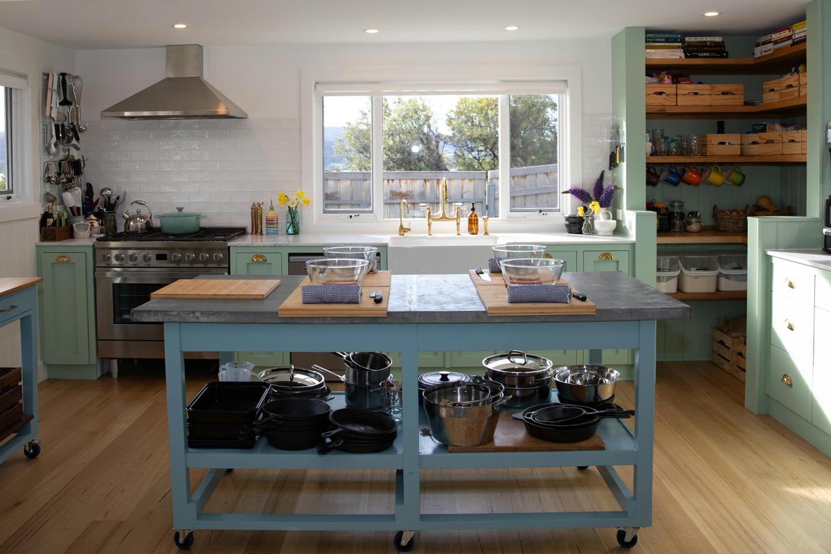 The kitchen at Florian Cottage, set up and ready for a hands-on cooking class in the Huon Valley