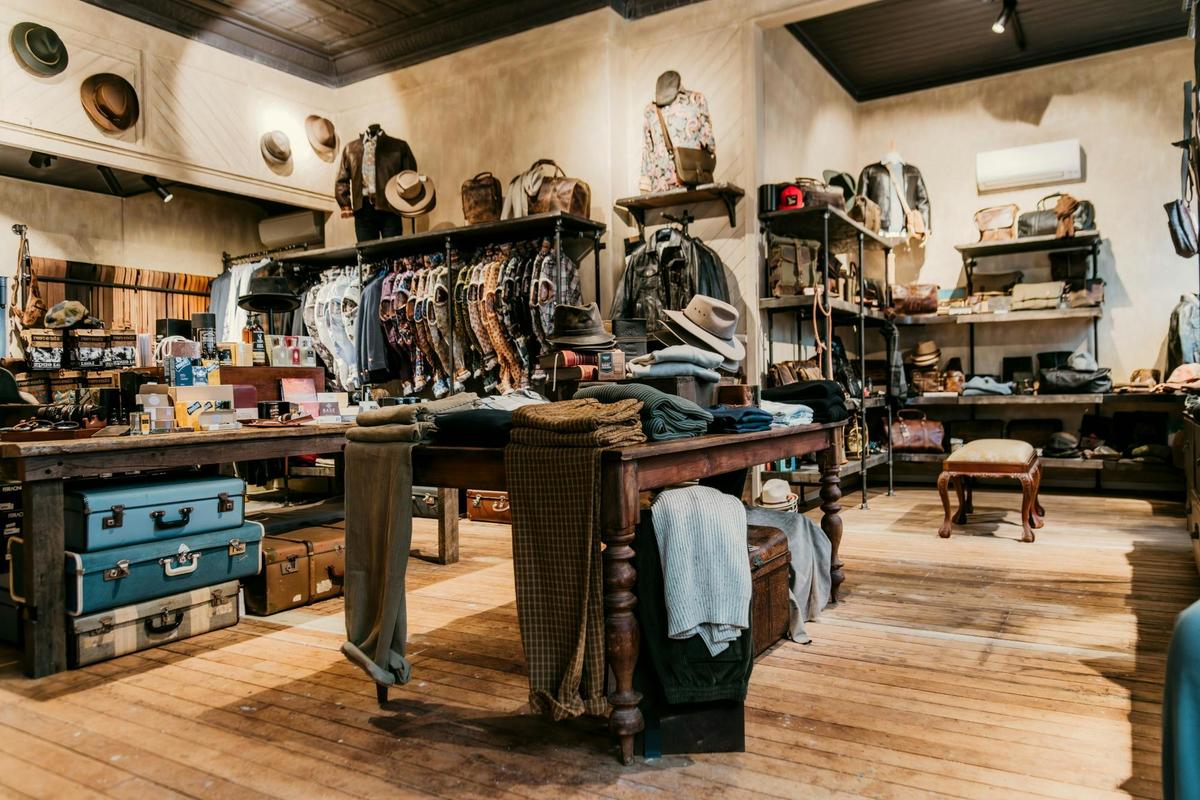 Menswear, hats and leather bags inside the old bank at Bolt + Buckle Alstonville