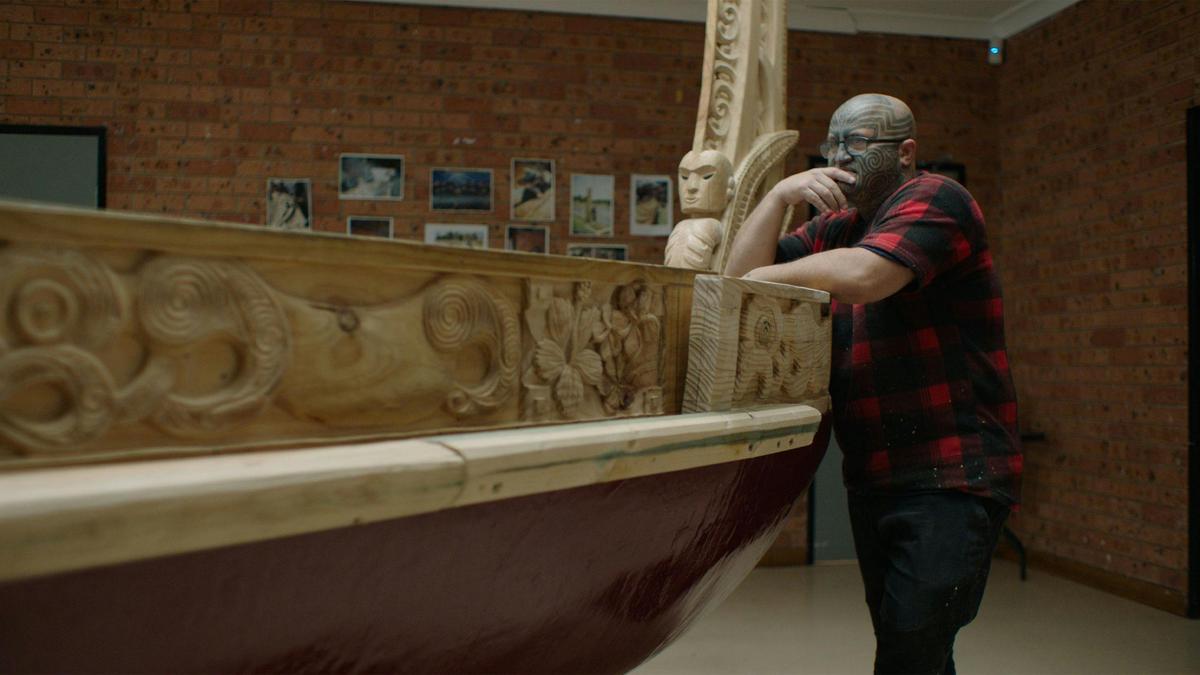 Still image from film ‘He Waka Eke Noa’, Peter Elers with Te Waka Whakakotahi. Photo: Powerhouse Stu