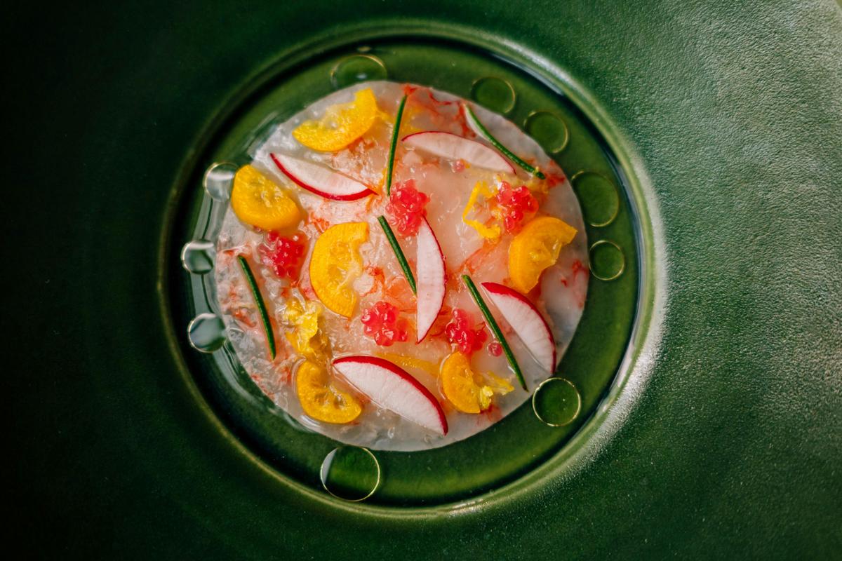 Royal Red Prawns, with a cucumber dashi split with wasabi oil, finished with a range of native citru