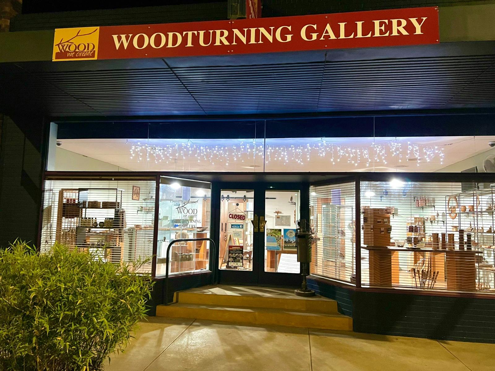 Wood We Create, Woodturning Gallery in all its splendor during the night.