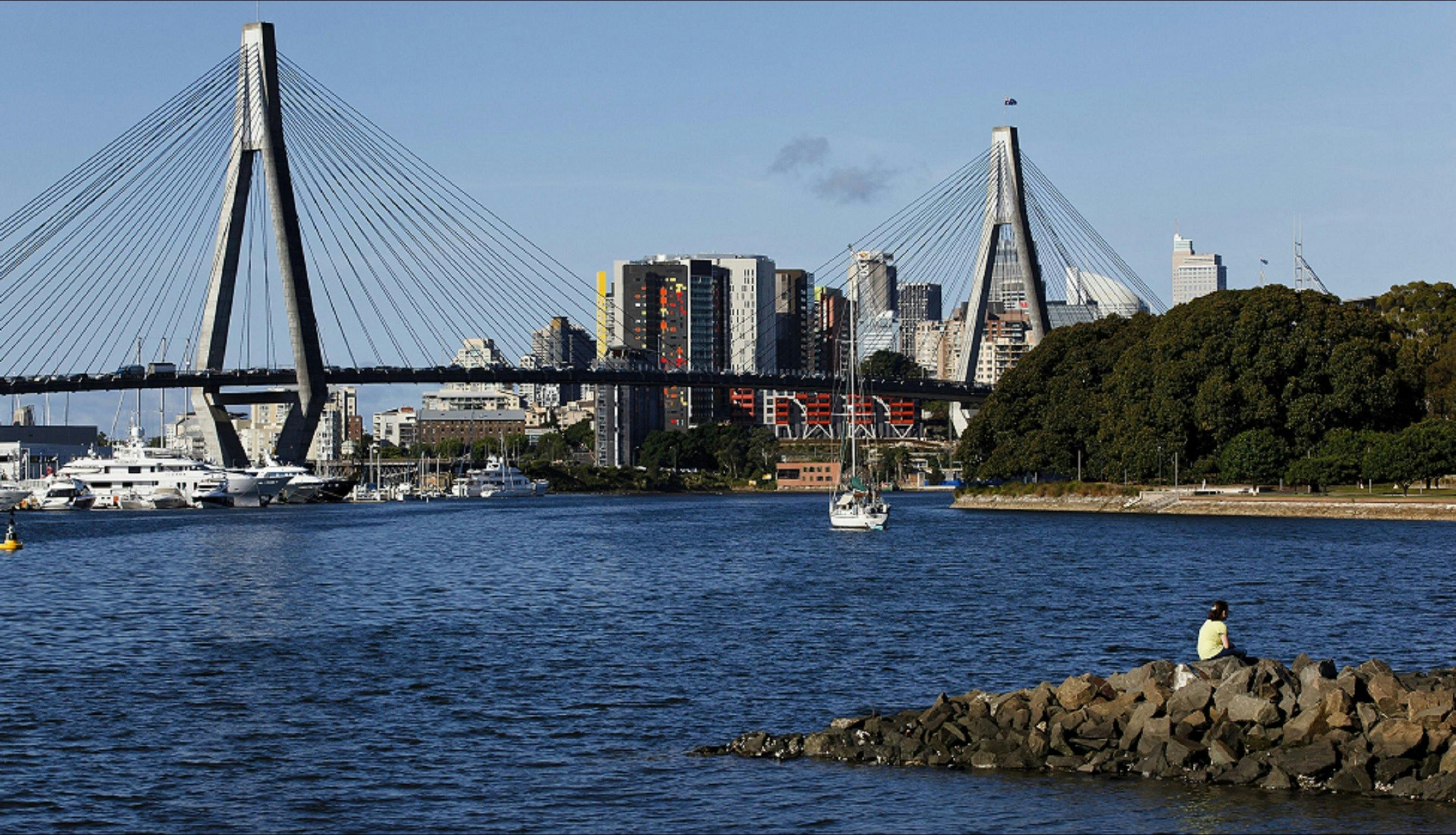 Views across Blackwattle Bay to the Central Business District and ANZAC Bridge from Glebe