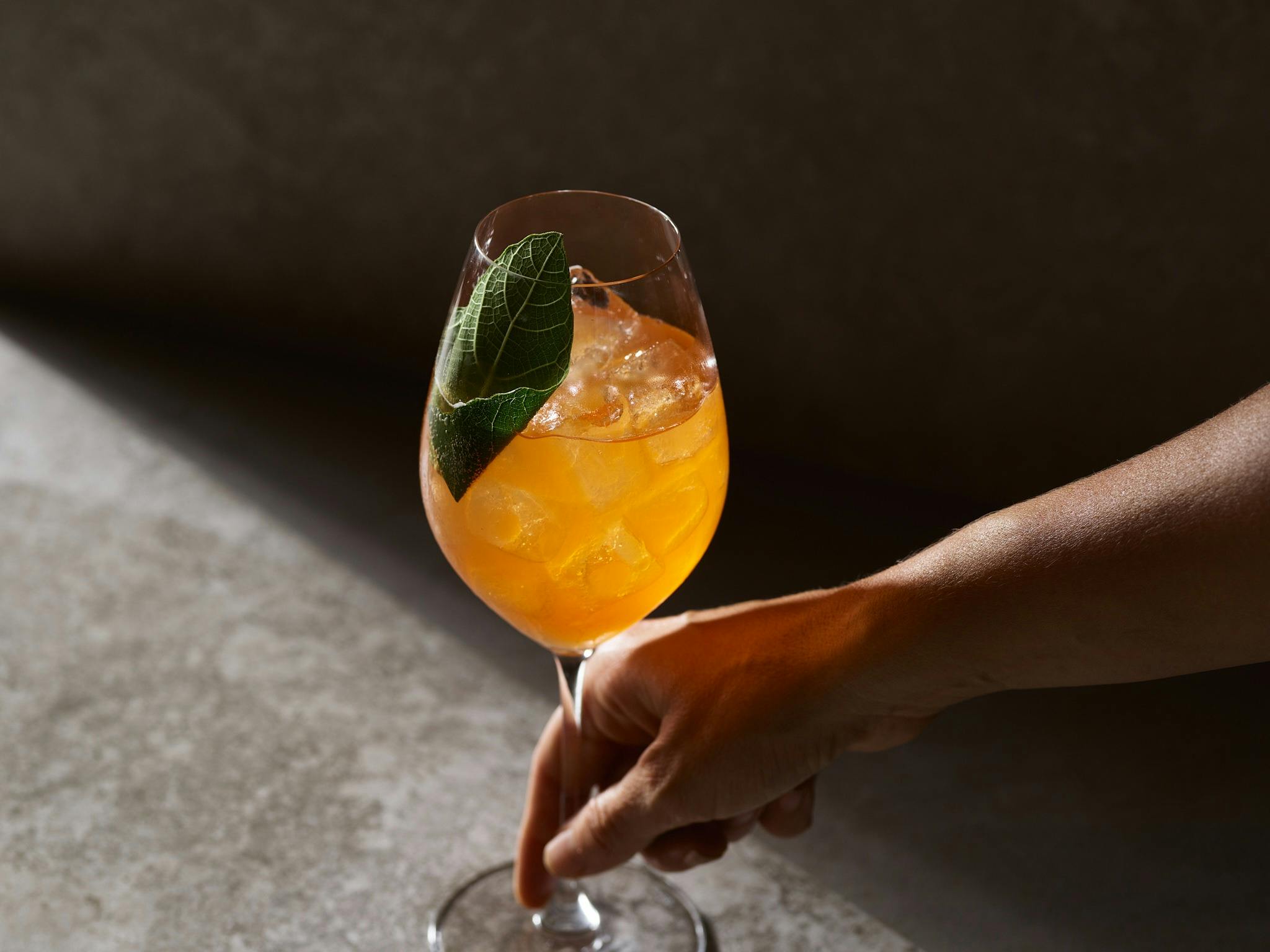 Eminence Spritz | guava macerated sauvignon blanc, aperol, fig leaf, pineapple vinegar