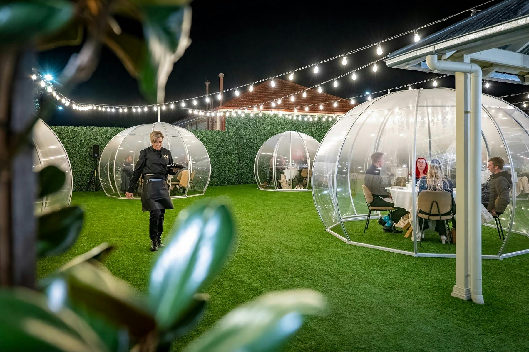 Dining in clear bubble  on a roof top