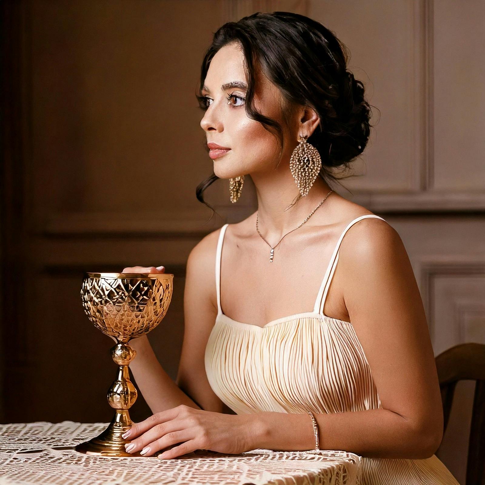 Lady pictured regally with goblet of wine