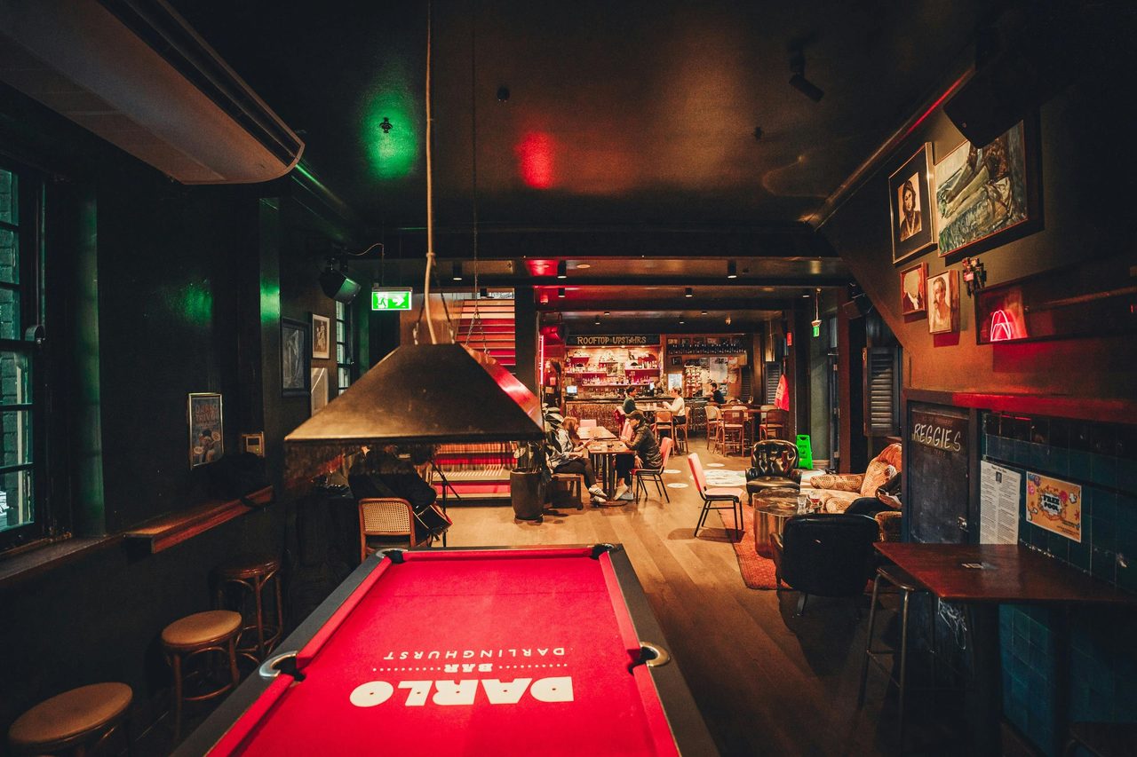 Pool table in foreground and back in background