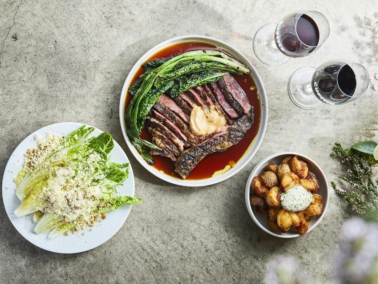 600g 'Rangers Valley' Rib-Eye, prized for flavour and tenderness, with Tuscan kale, Spring Onions