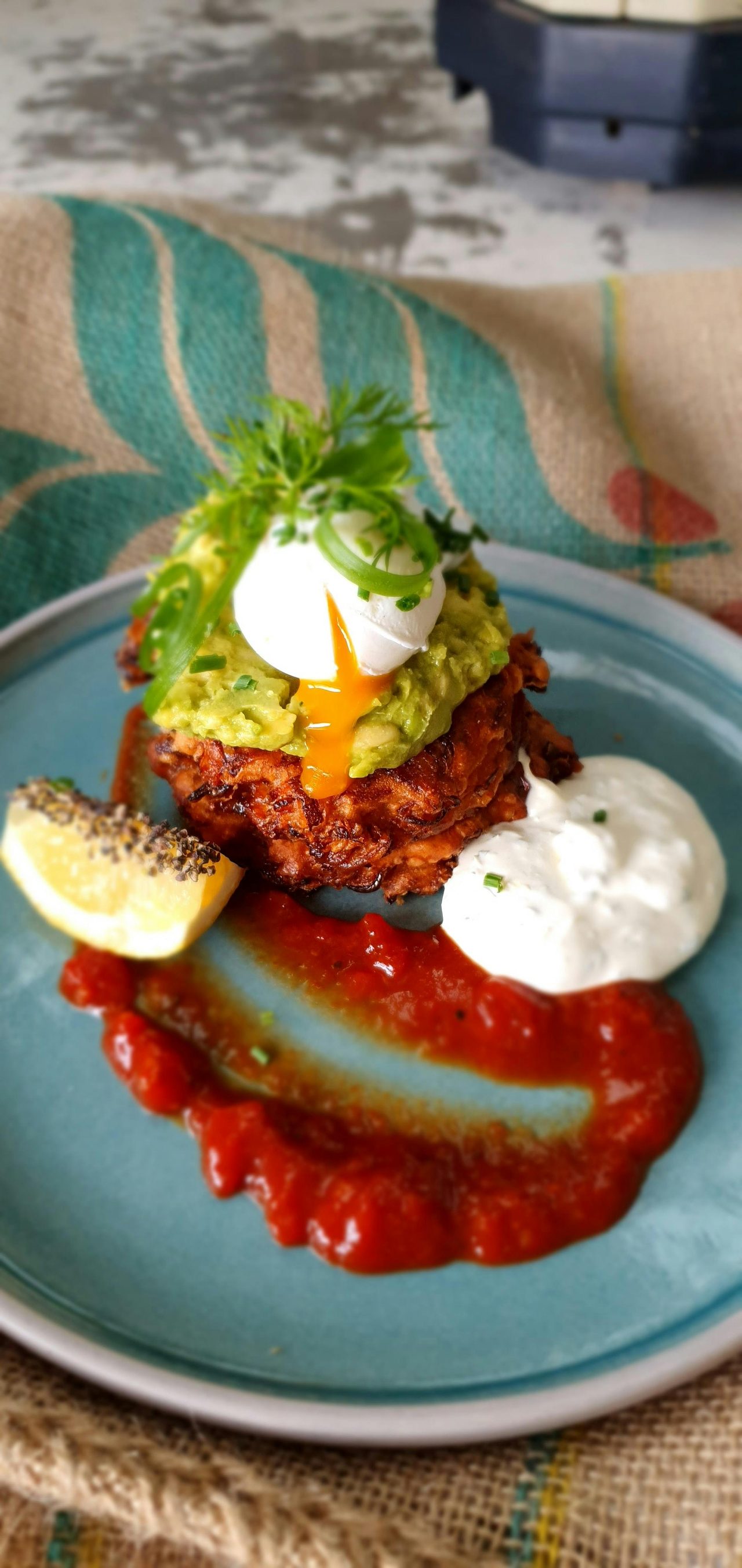 Okonimiyaki Fritters with poached egg and avocado