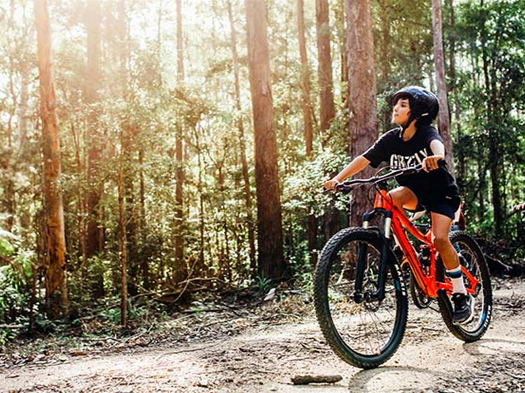 2 children ride through sunlit forest along one of the Muurlay Baamgala cycle trails. Photo: Jay