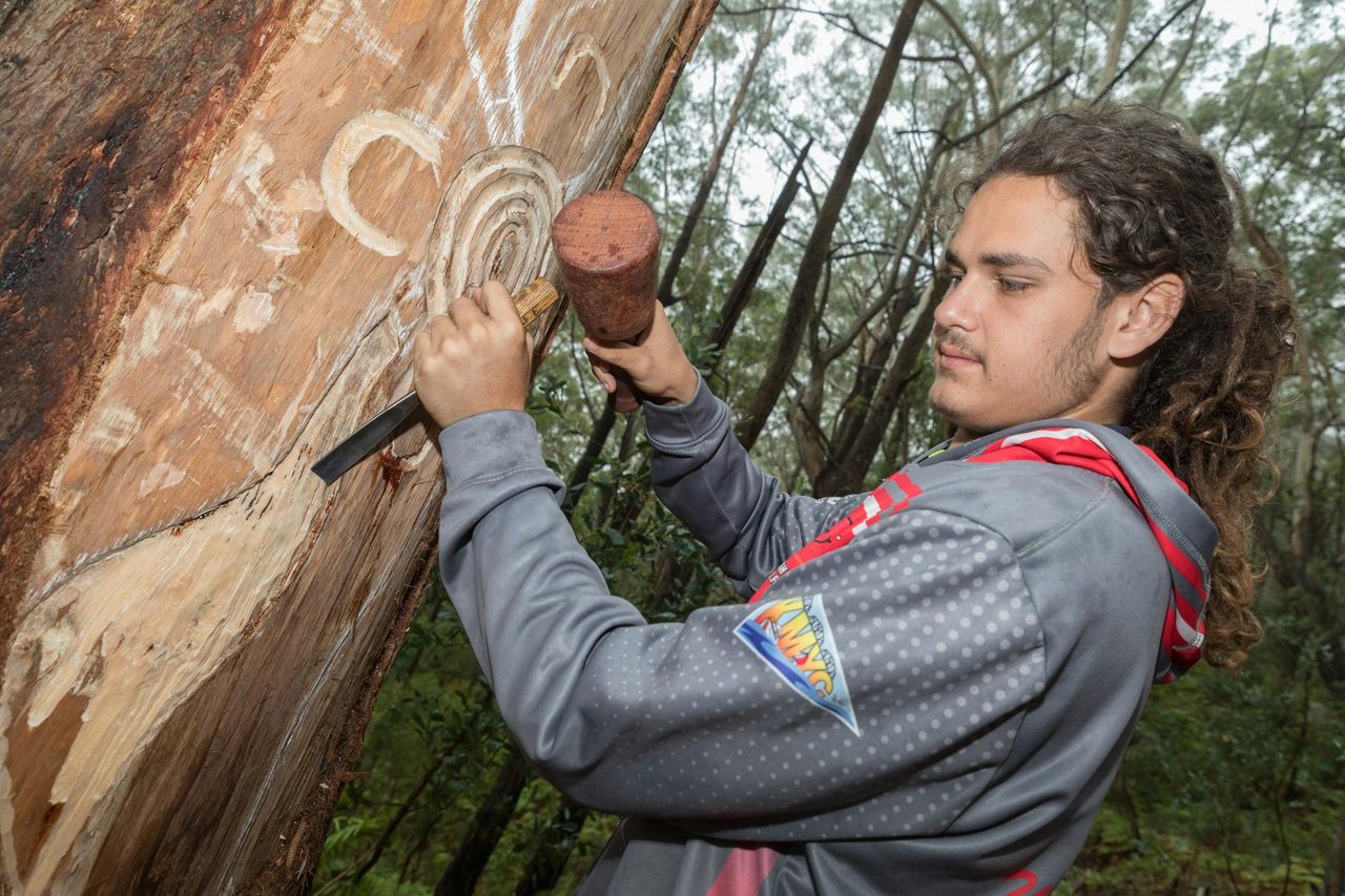 Traditional tree carving by Worimi community at the opening of Bulahdelah Mountain