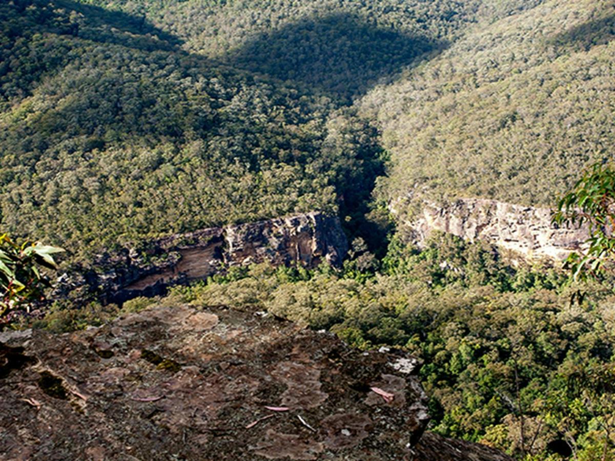 View over rocky ledge at Beauchamps Cliffs lookout to rugged cliffs and untracked bushland in Morton