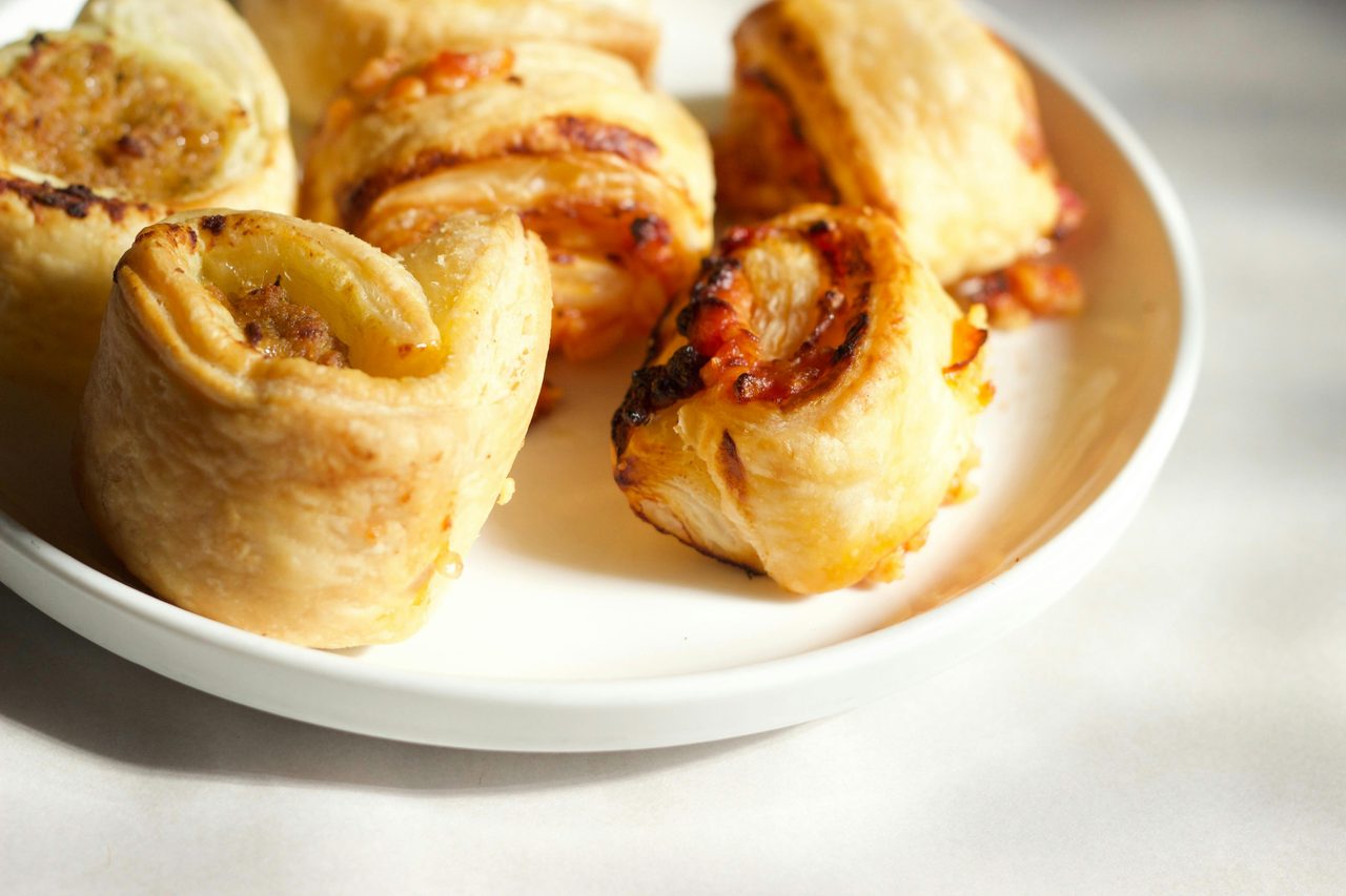 Cheese Tomato & Garlic bite sized scrolls and Mini Sausage Rolls