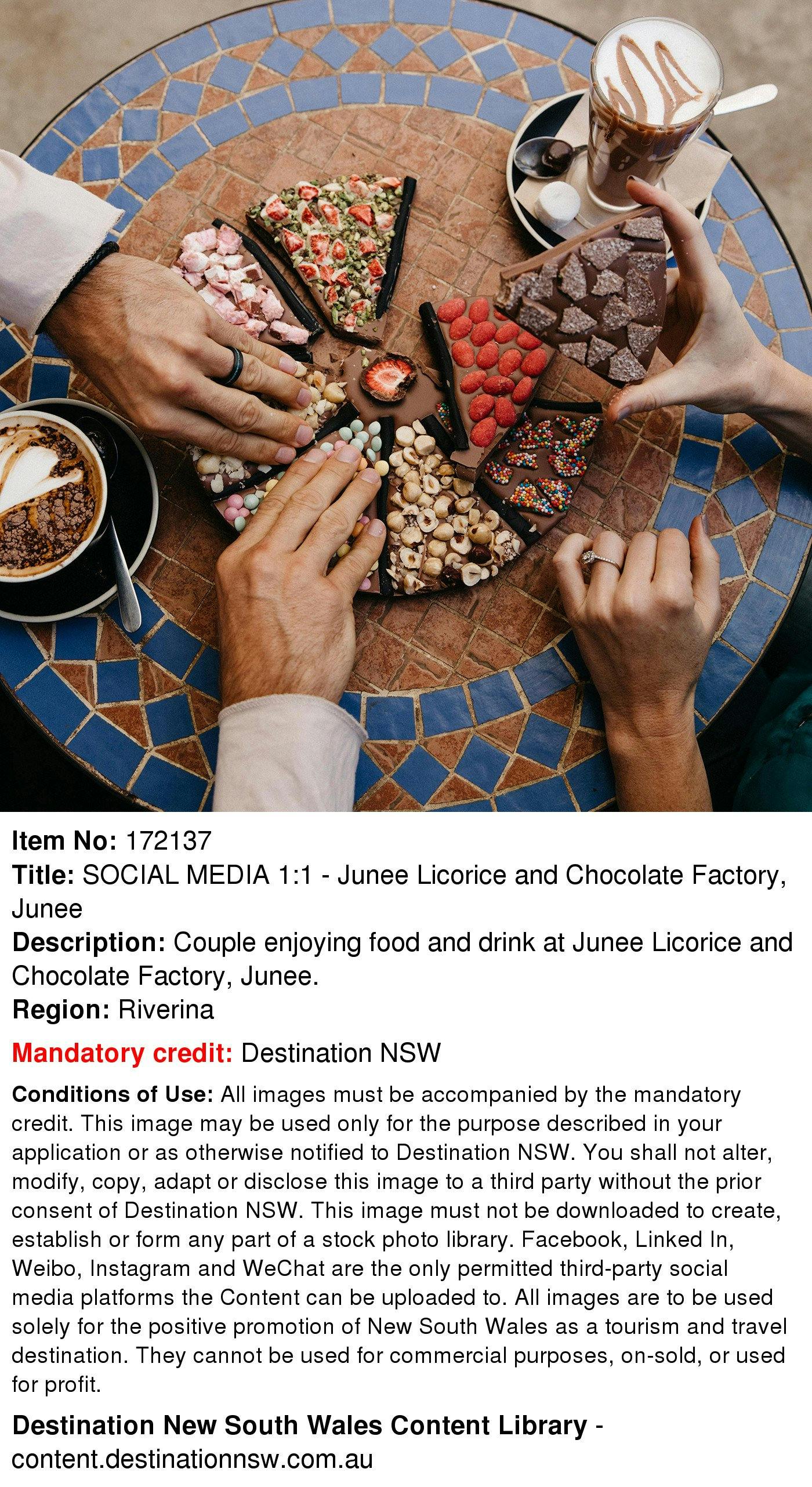 Couple enjoying food and drink at Junee Licorice and Chocolate Factory