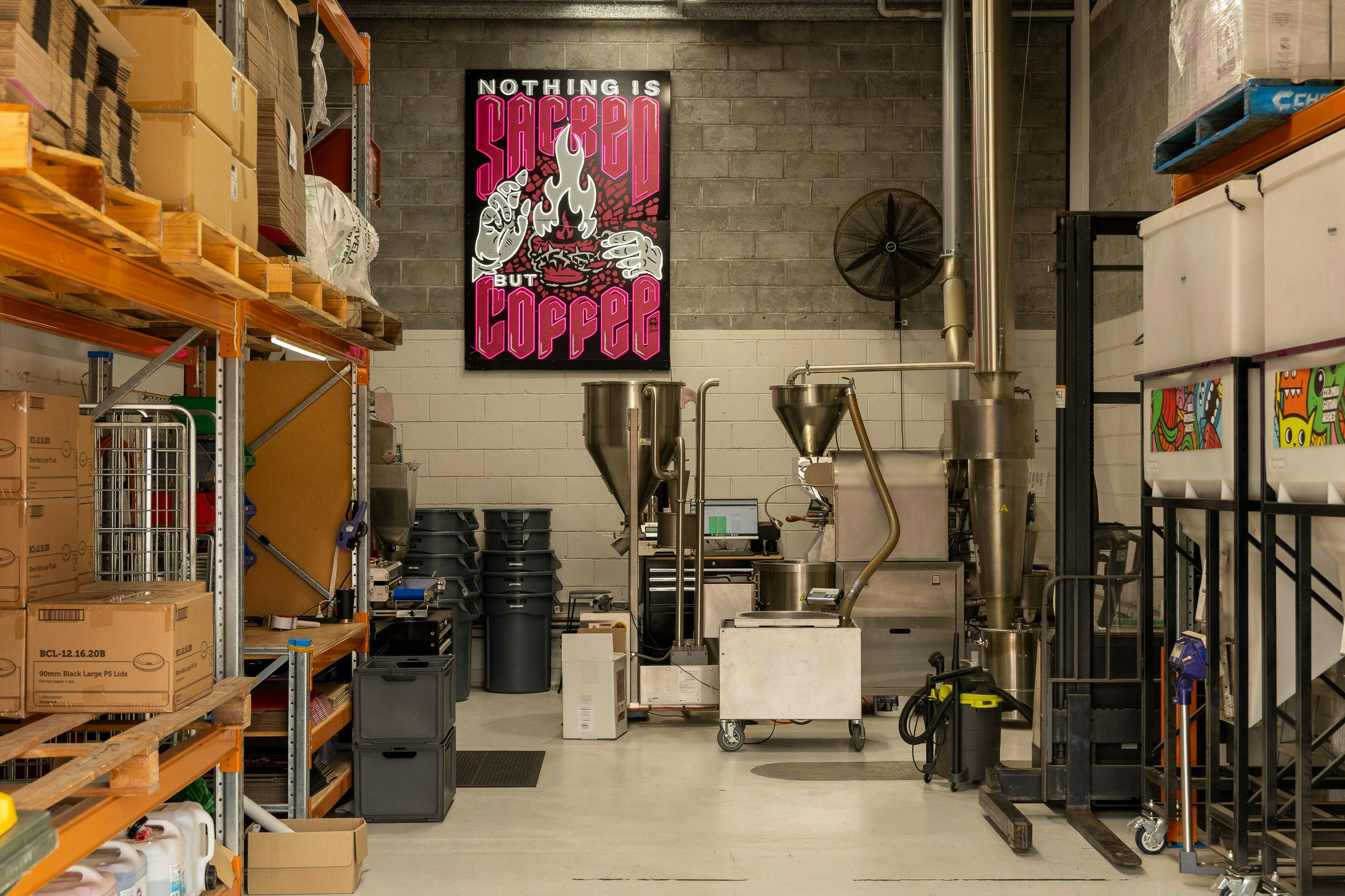 Inside the coffee roastery.