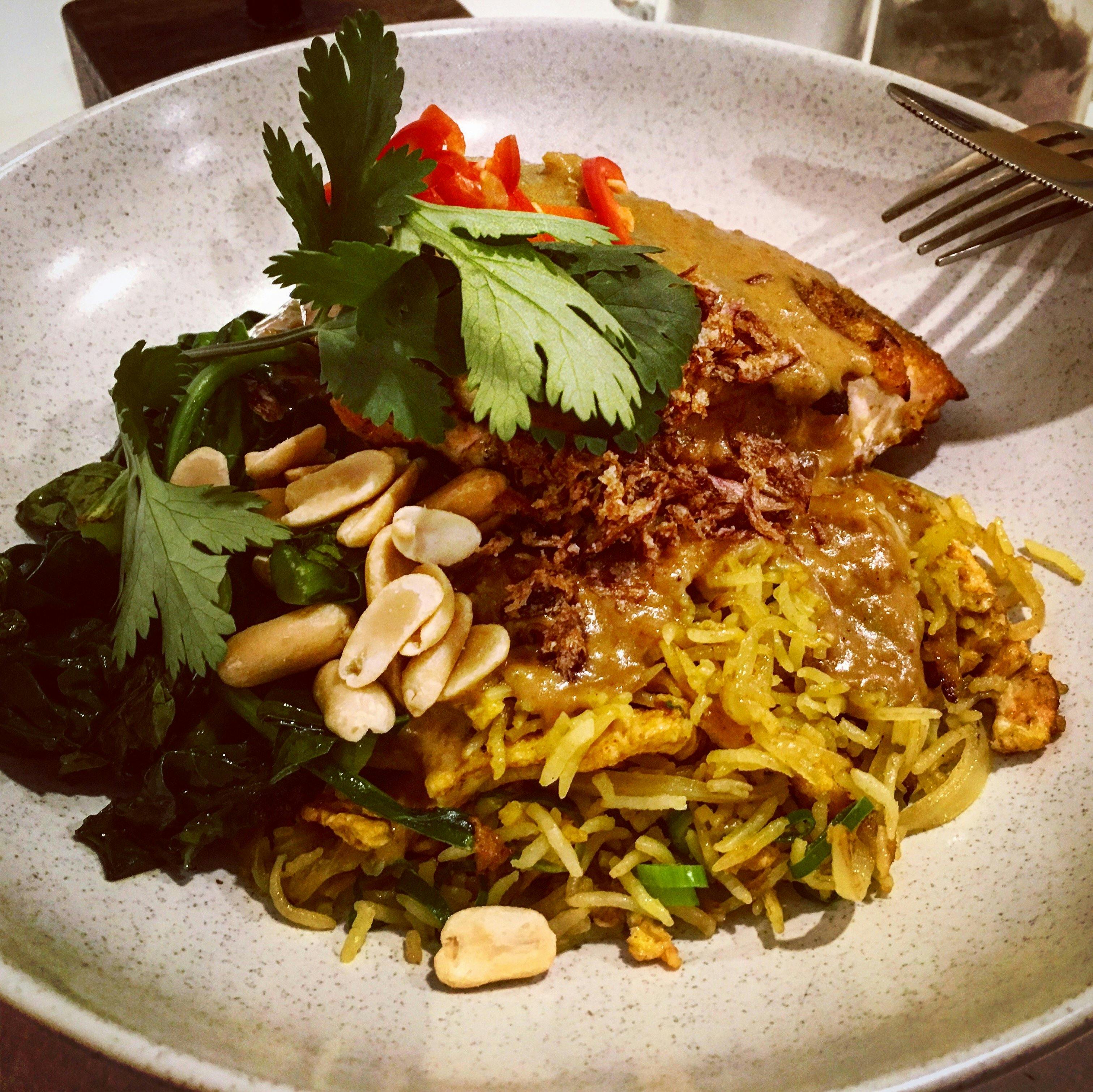 Satay chicken, egg fried rice, Chinese broccoli