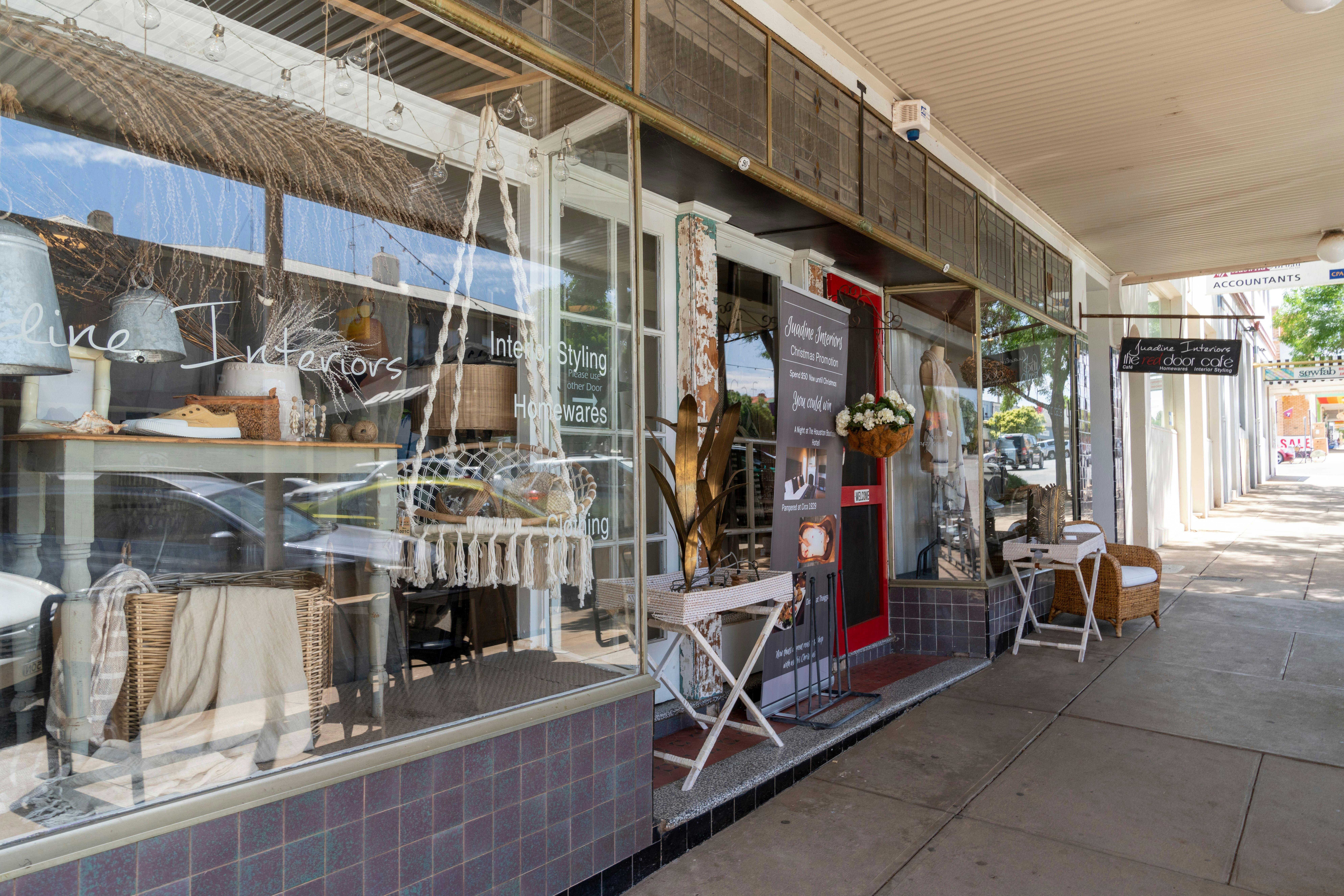 Exterior view of Red Door Cafe and Juadine Interiors