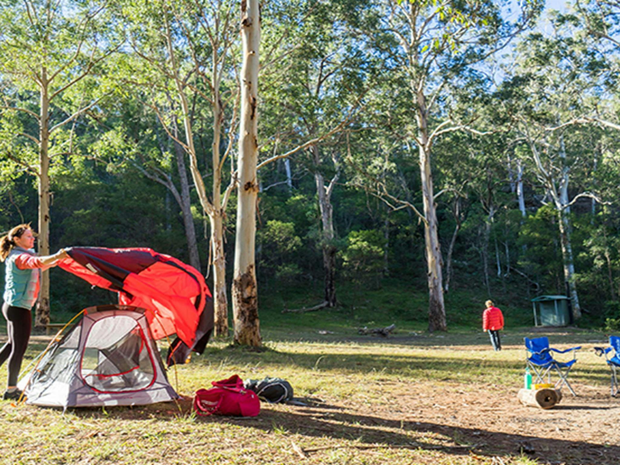 Camper sets up a tent in the Darug section of Euroka campground. Photo: Simone Cottrell &copy; DPIE