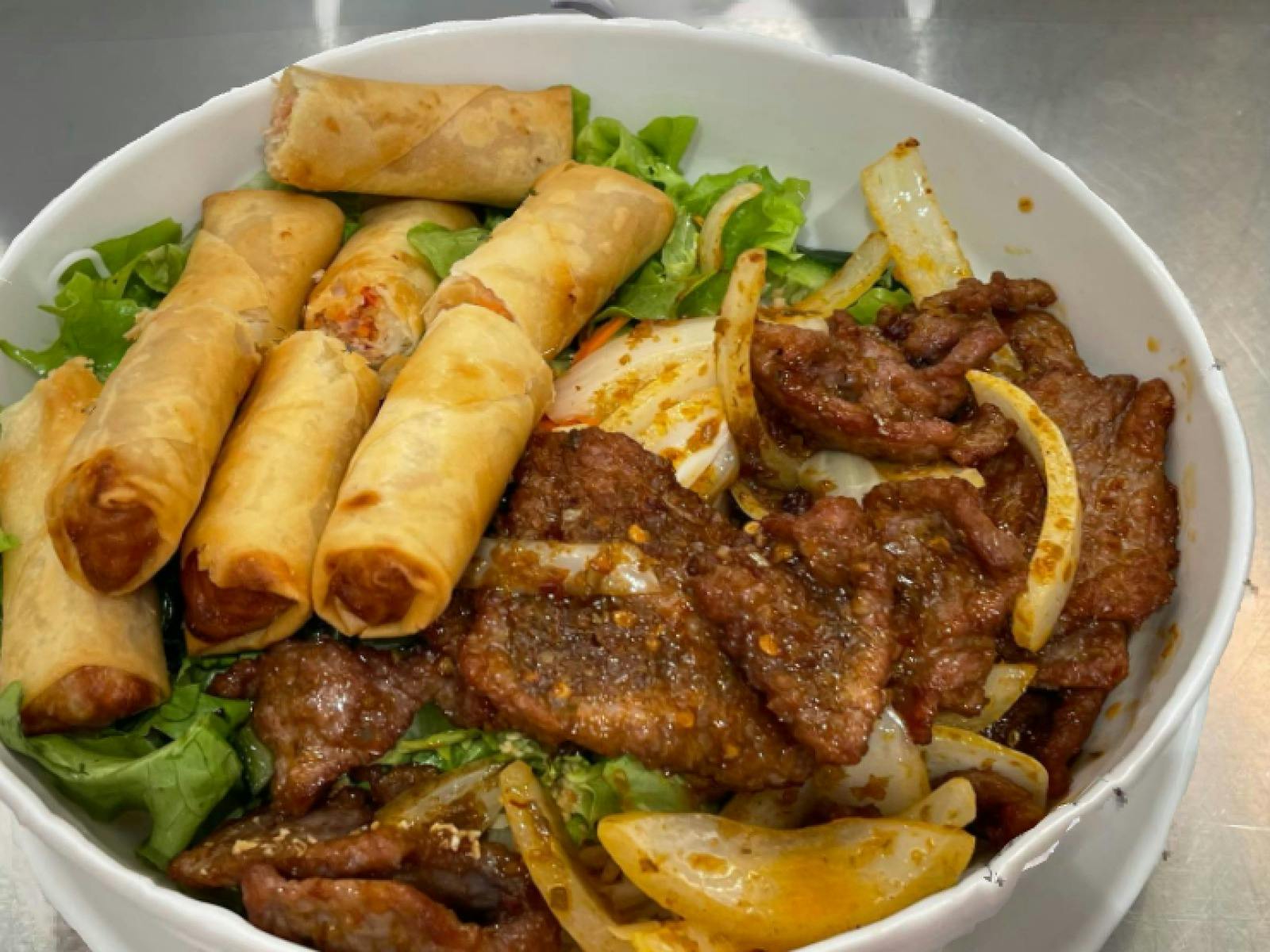 Spring Roll Vermecelli and Beef topped with our home made fish sauce.