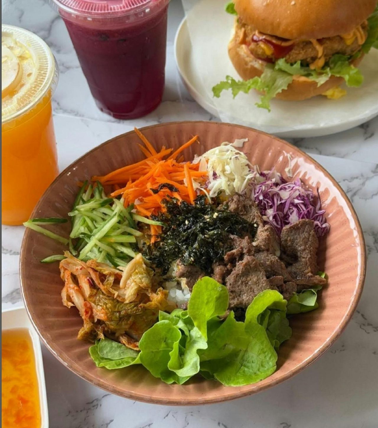 Overhead of a poke beef bowl