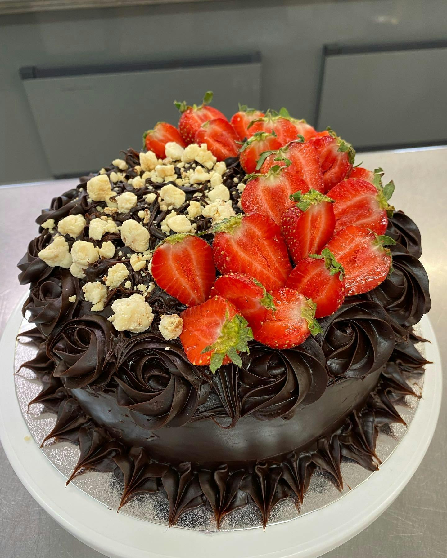 Heavenly Chocolate cake topped with strawberries
