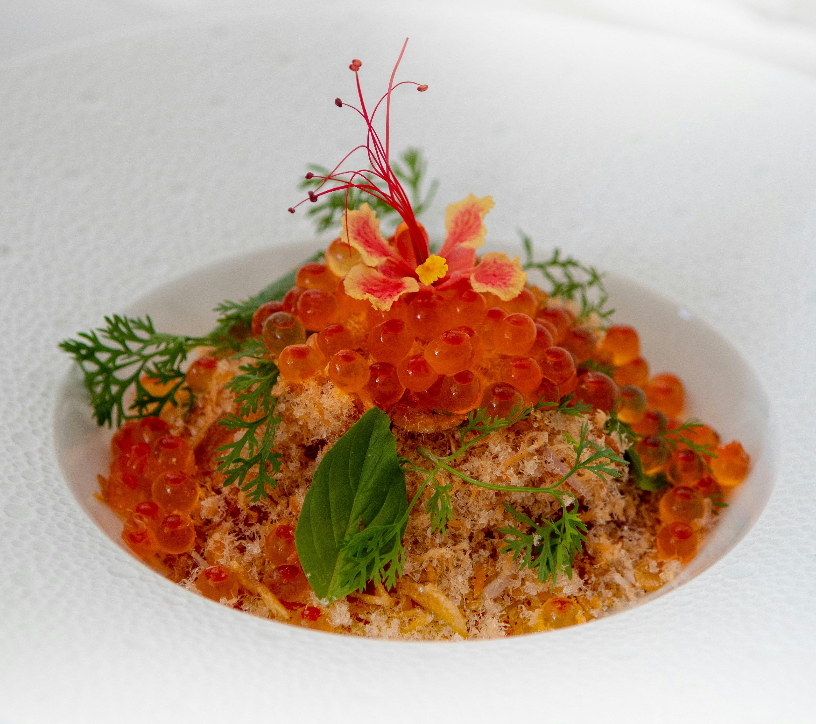 Watermelon and ground salmon with roasted galangal powder, chilli and Huon river saolmon caviar