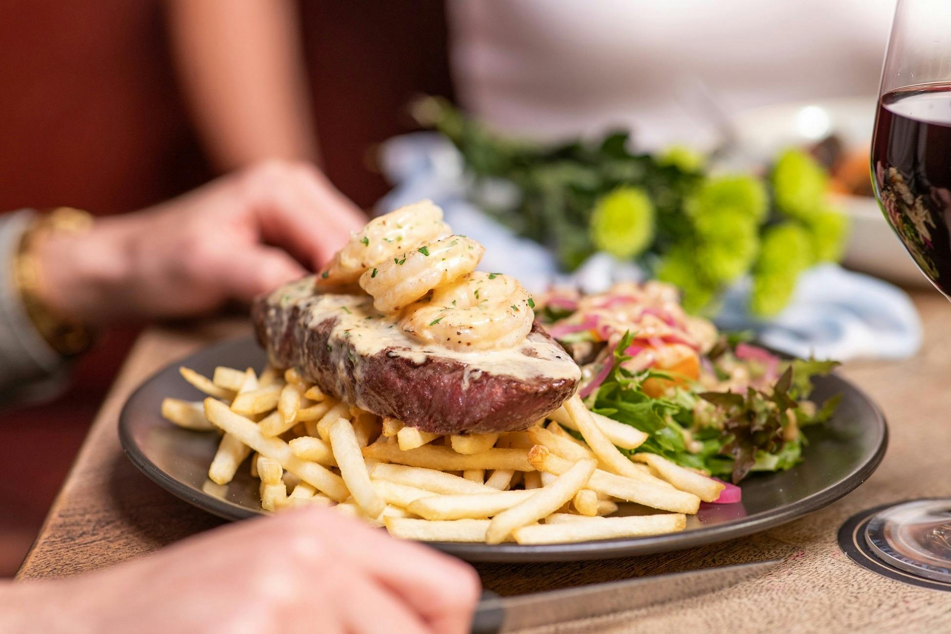 Steak with prawns (surf and turf)