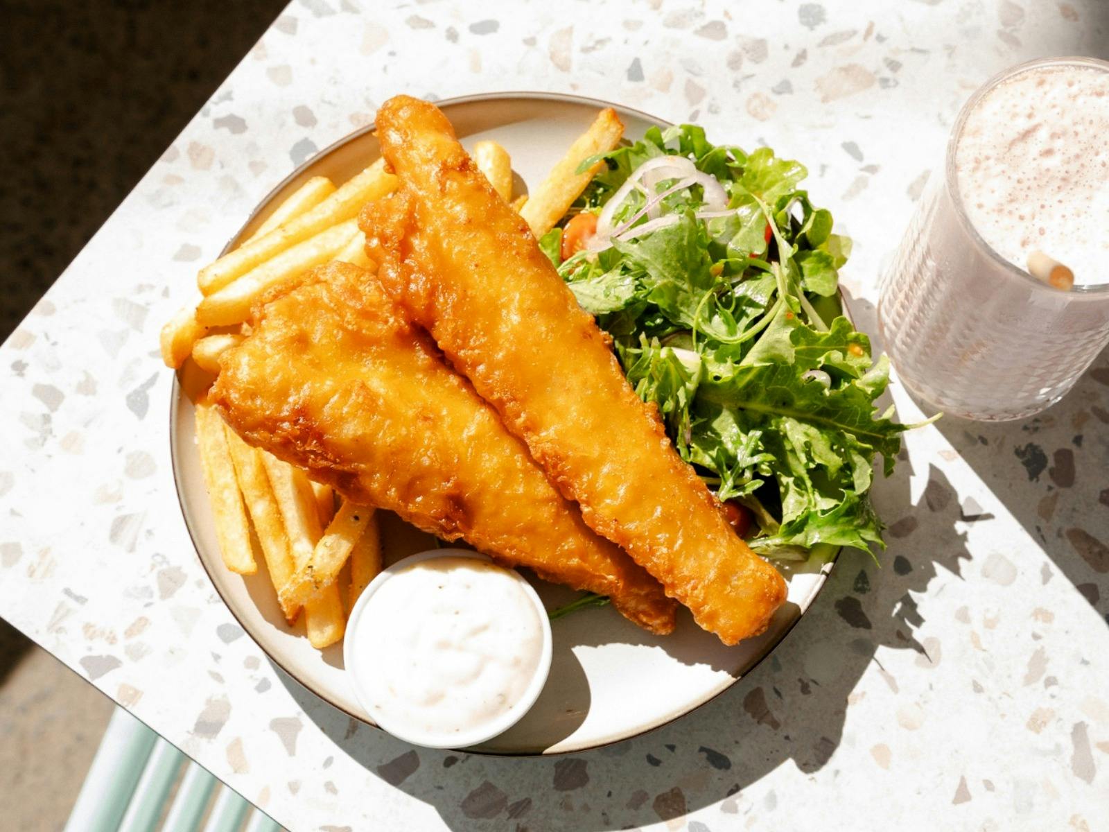 Shiny Brew Fish, Chips & Salad